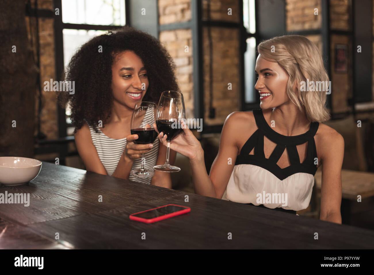 Bellissima femmina amici fare toast mentre si beve il vino Foto Stock