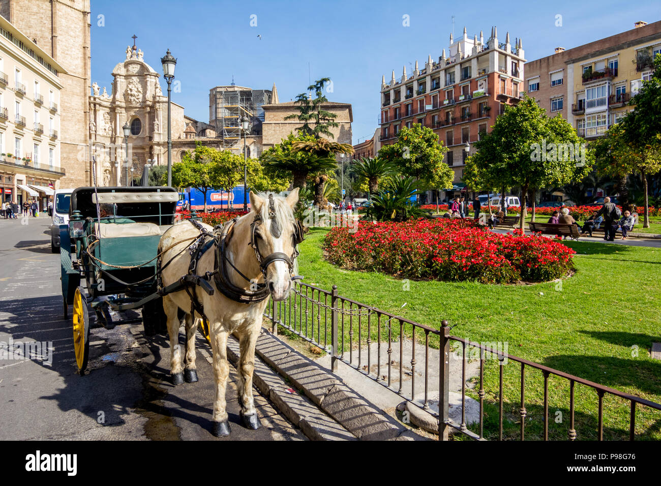 VALENCIA, Spagna - 18 febbraio 2013: White Horse e carrello sono in attesa con calma per turisti nel centro cittadino di Valencia nella soleggiata giornata di primavera vicino al giardino Foto Stock