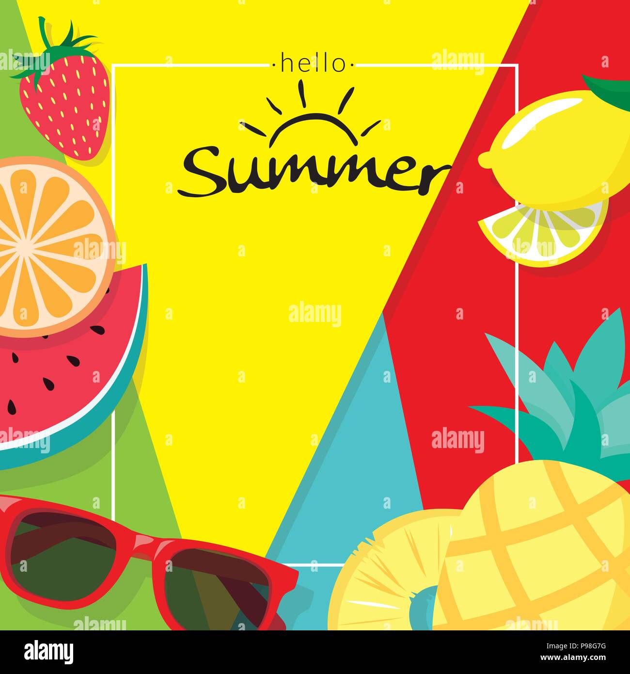 La parola "ciao estate' con copia modello spazio banner con pezzi di frutta tropicale su sfondo colorato. vettore sfondo estivo per banner, poster, Illustrazione Vettoriale
