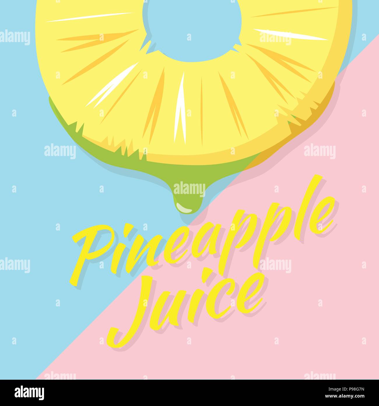 Pezzo di mezza fetta di ananas, succose fette di frutta con gocce di succo di ananas icona vettore illustrazione in rosa e sfondo blu Illustrazione Vettoriale