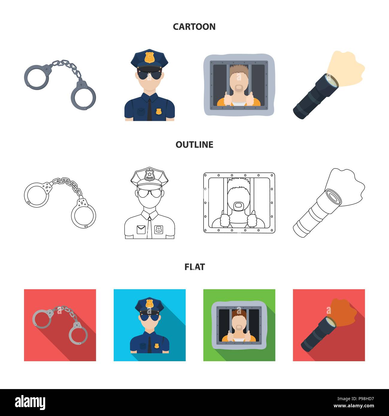 Manette, poliziotto, prigioniero, torcia elettrica.La polizia set di icone di raccolta in cartoon,contorno,stile piatto simbolo vettore illustrazione stock . Illustrazione Vettoriale