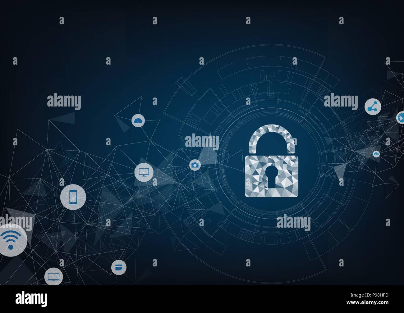 Cyber security concetto: scudo con la tecnica Keyhole icona Dati digitali sullo sfondo. Illustrazione Vettoriale