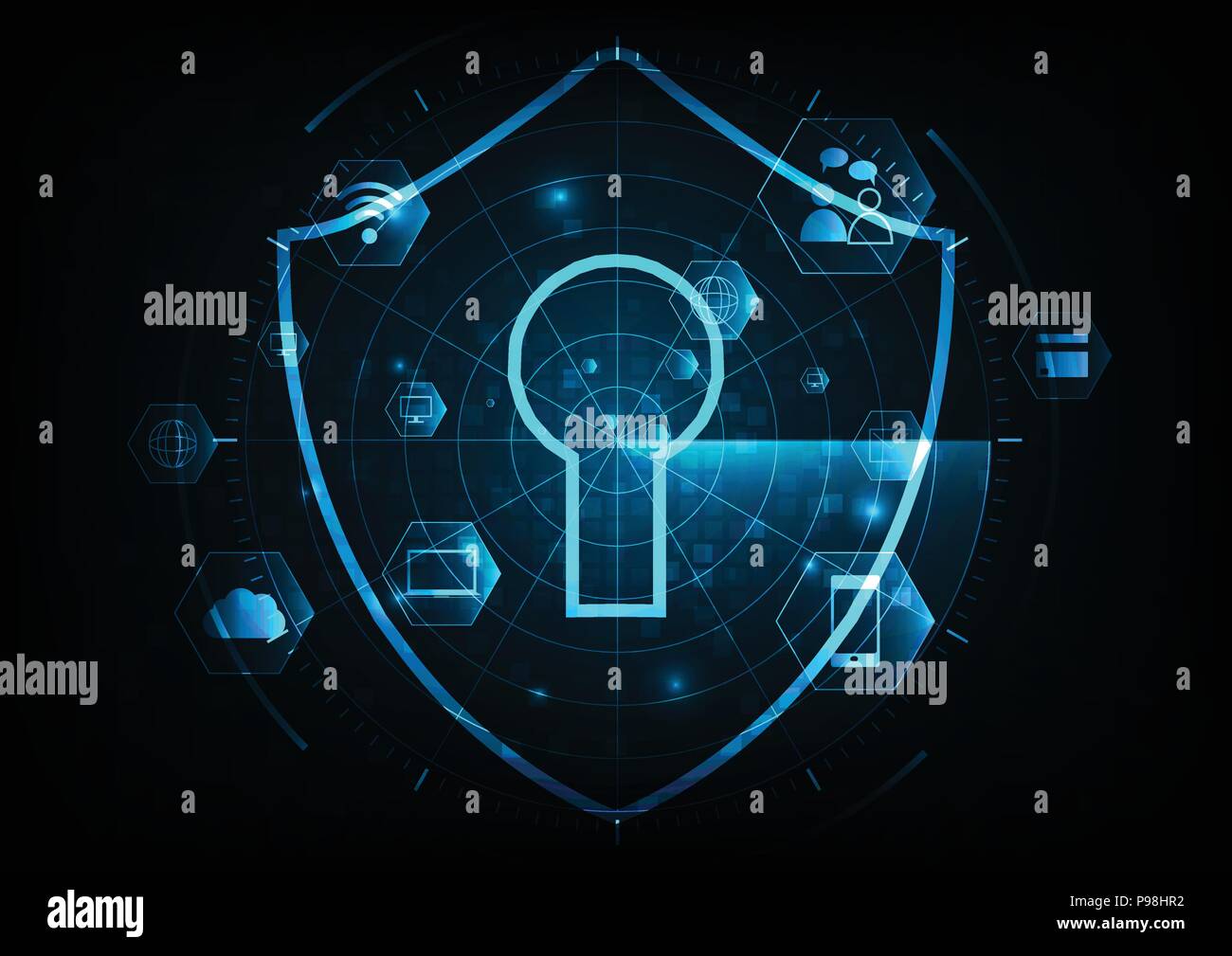 La tecnologia Internet cyber security concetto di proteggere ed eseguire la scansione di computer virus attaccano con schermo radar blu su sfondo astratto. Illustrazione Vettoriale