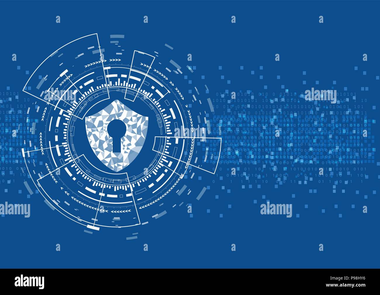 Cyber security concetto: scudo con la tecnica Keyhole icona Dati digitali sullo sfondo. Illustra cyber sicurezza dei dati o informazioni privacy idea. Abstrac blu Illustrazione Vettoriale