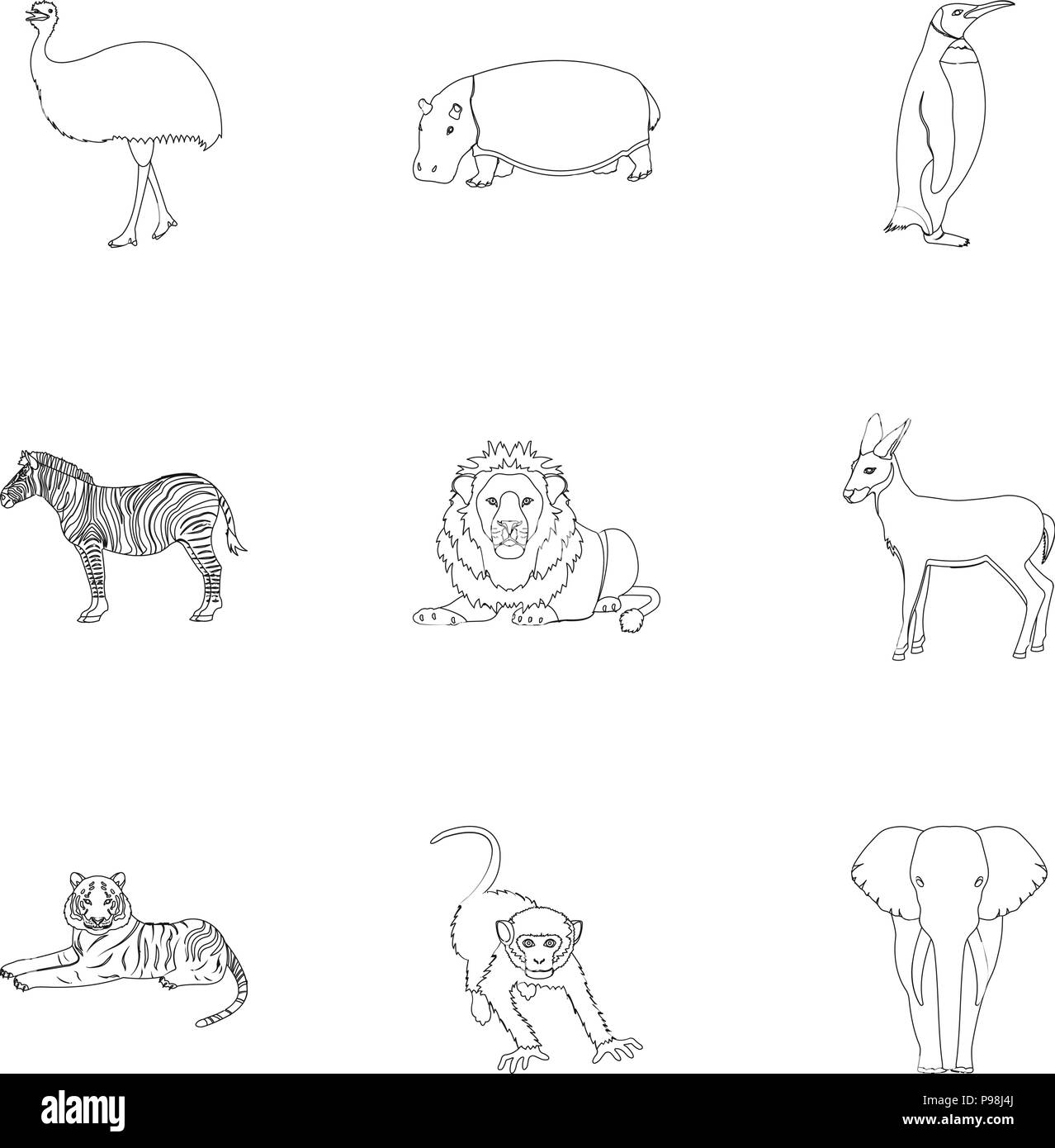 Ostrich emu, coccodrillo, Giraffe, tigre, pinguino e altri animali selvatici. Artiodactyla, mammiferi predatori e animali set di icone di raccolta in contorno Illustrazione Vettoriale