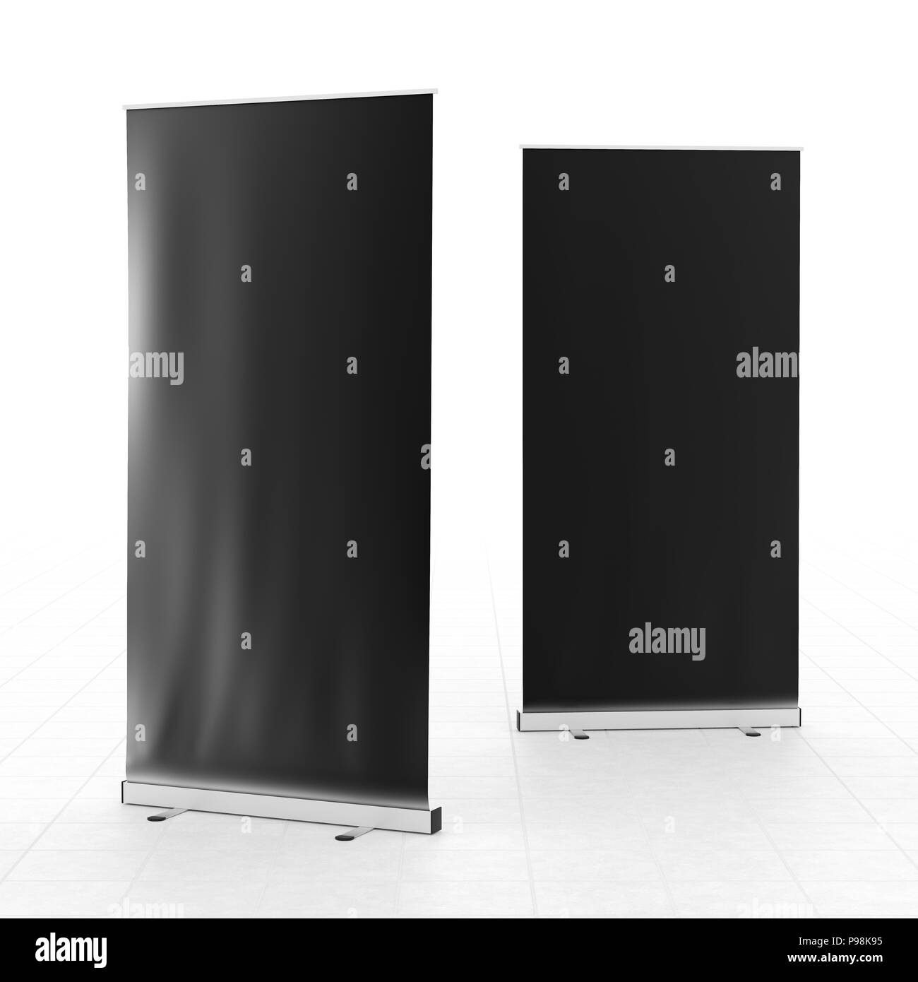 Nero Bianco roll-up banner stand isolato sul pavimento bianco. Includere i tracciati di ritaglio intorno al supporto e banner. 3D render Foto Stock