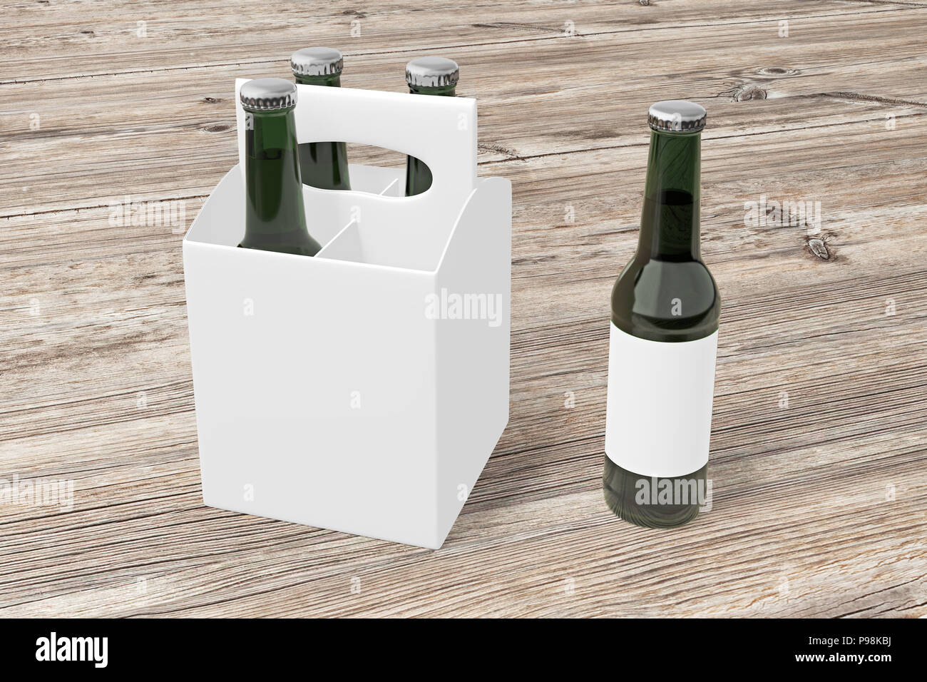 Quattro bottiglie vuote bianche di birra con il confezionamento di bottiglie verdi e singola bottiglia su sfondo di legno. 3D render Foto Stock