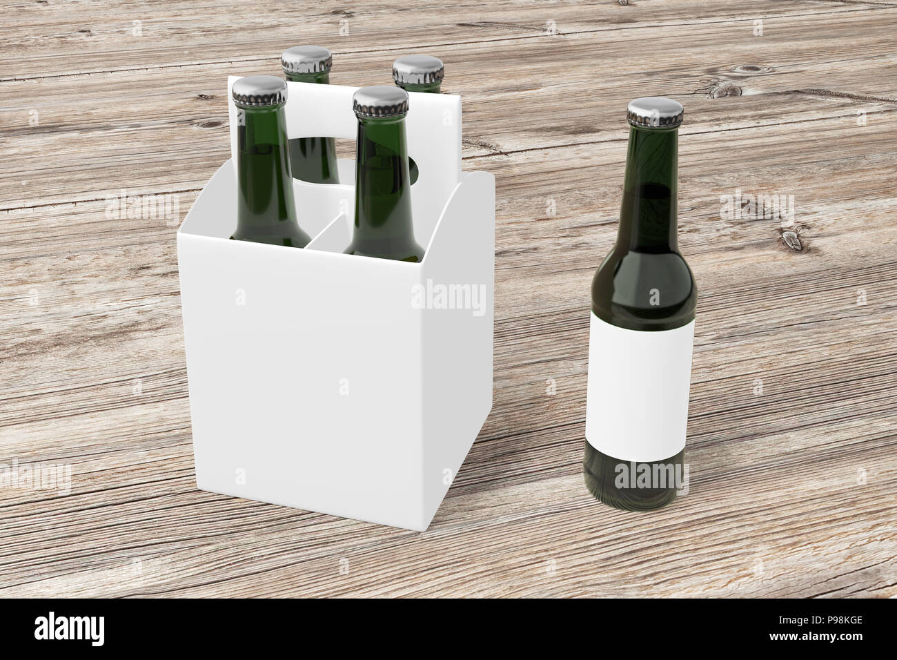 Quattro bottiglie vuote bianche di birra con il confezionamento di bottiglie verdi e singola bottiglia su sfondo di legno. 3D render Foto Stock