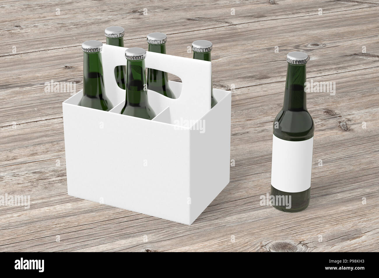 Sei bottiglie vuote bianche di birra con il confezionamento di bottiglie verdi e singola bottiglia su sfondo di legno. 3D render Foto Stock