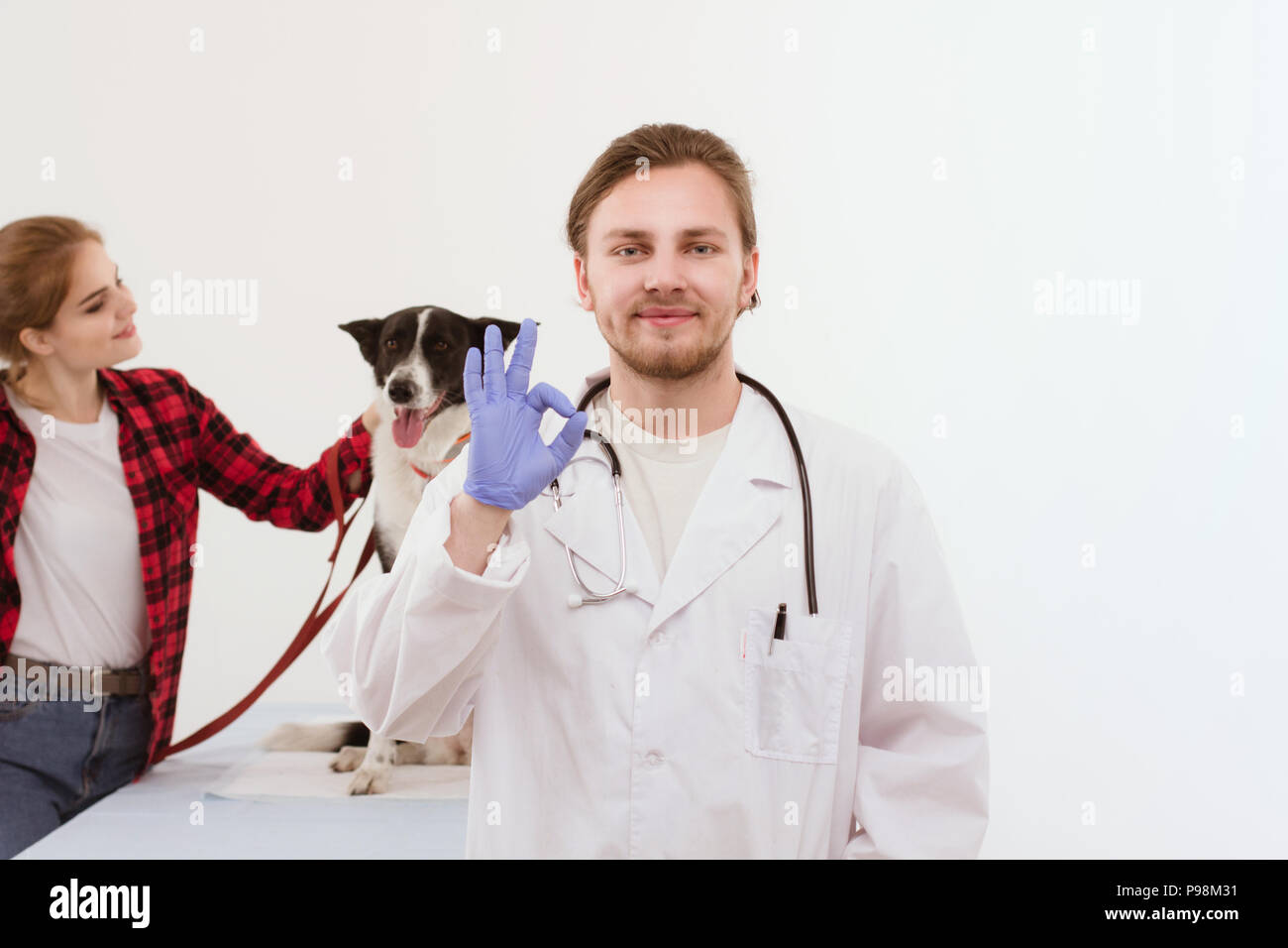 Cane sempre verificata a vet con il loro proprietario. Foto Stock