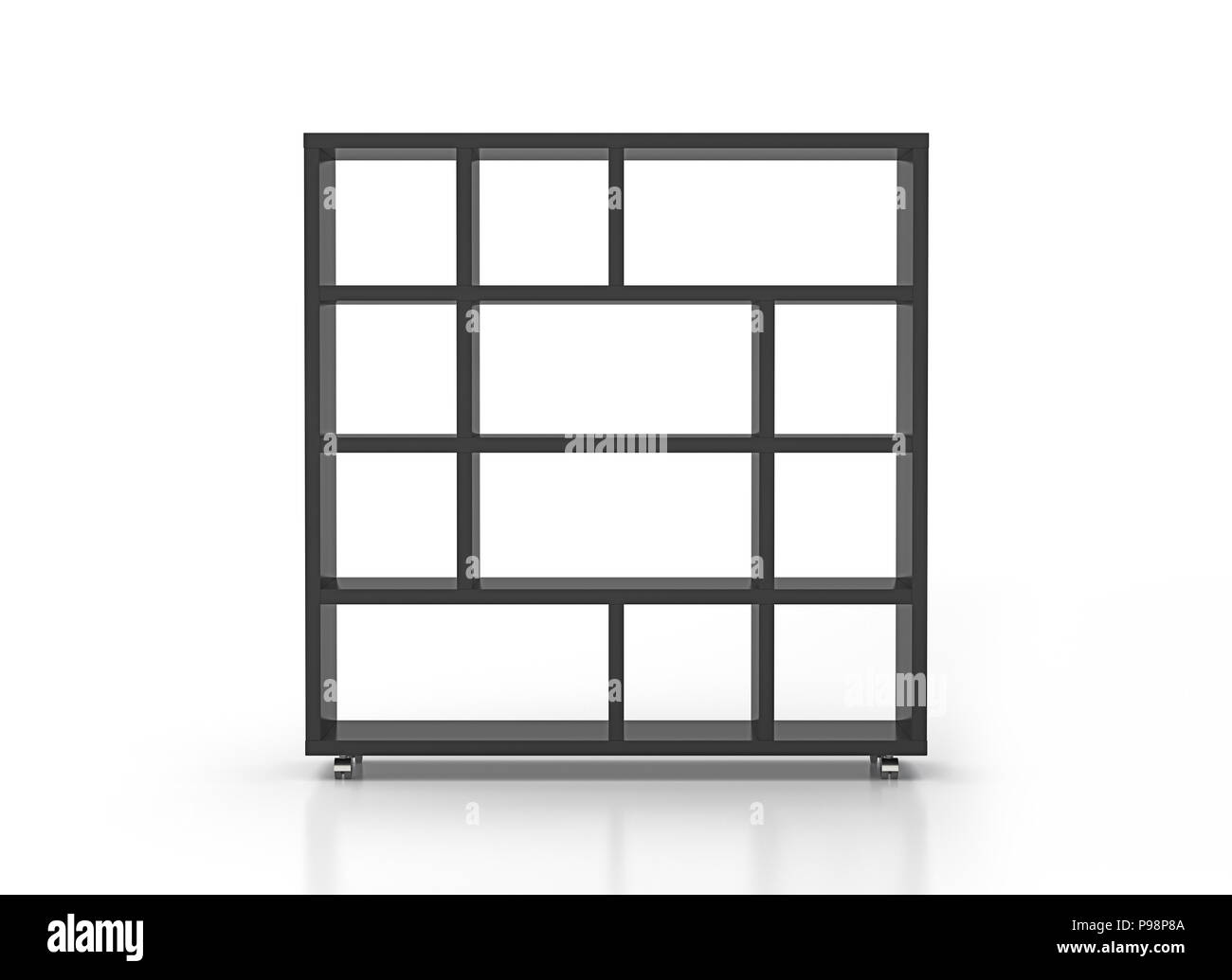 Nero vuota libreria ripiani su ruote isolati su sfondo bianco. Includere il percorso di clipping. 3D render Foto Stock