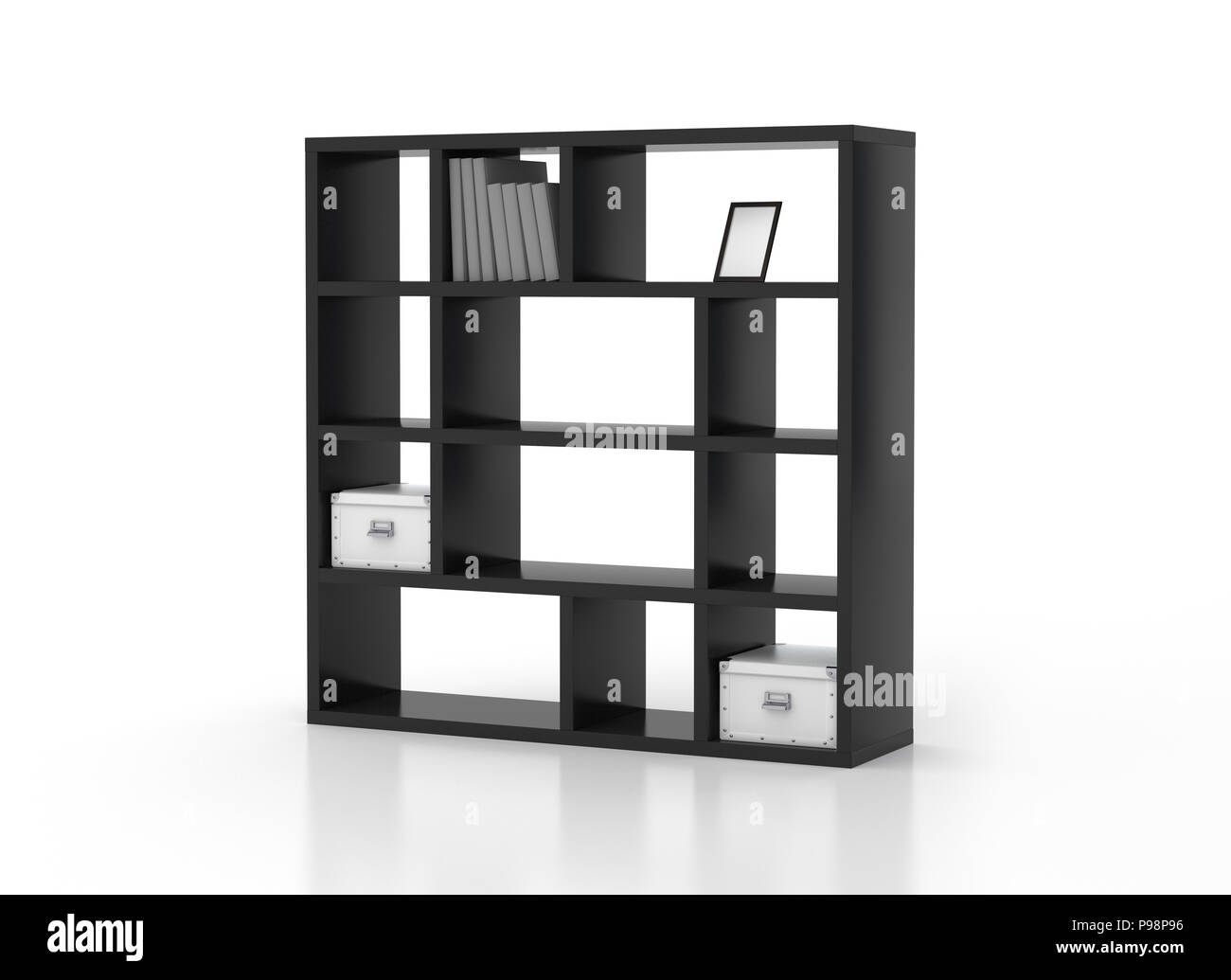 Libreria nero ripiani isolati su sfondo bianco. Includere il percorso di clipping. 3D render Foto Stock