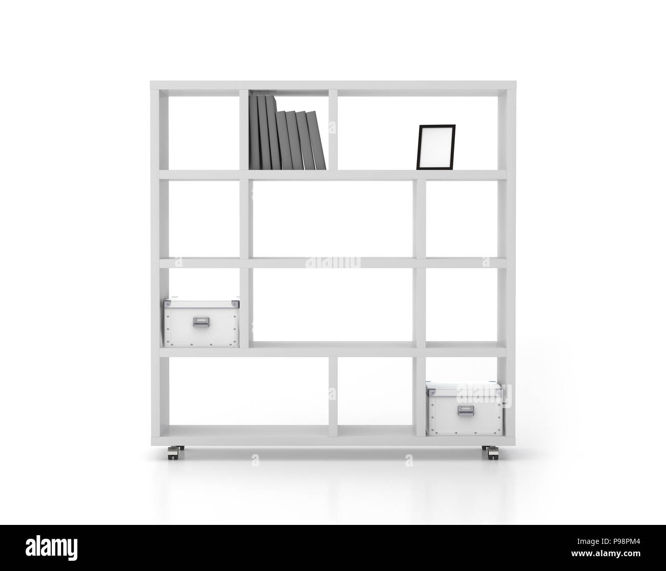 Libreria bianco ripiani su ruote isolate in interni. Includere il percorso di clipping. 3D render Foto Stock