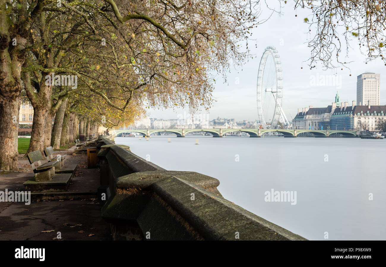 Vista del London Eye, Westminster Bridge, St Thomas' ospedale e il fiume Tamigi da Victoria Tower Gardens a Lambeth, Londra Foto Stock