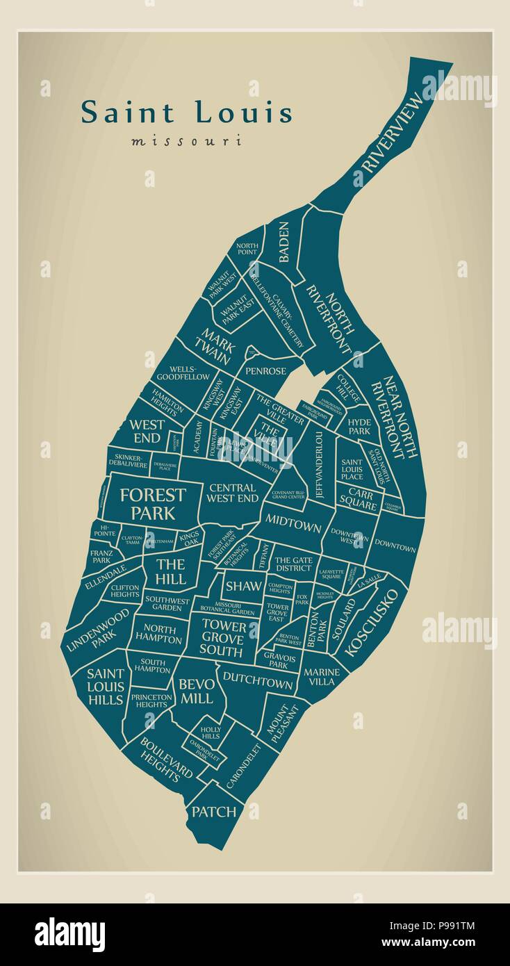 Città moderna mappa - Saint Louis nel Missouri città degli Stati Uniti con i quartieri e titoli Illustrazione Vettoriale