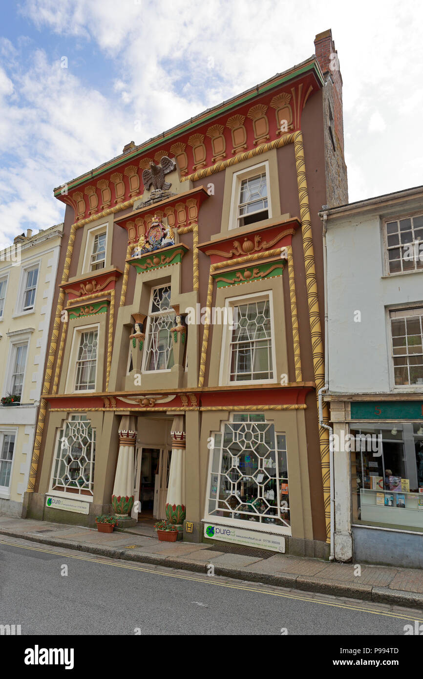 Casa egiziana, un grado che ho elencato la costruzione c1830, Chapel Street, Penzance, Cornwall, Inghilterra, Regno Unito. Foto Stock