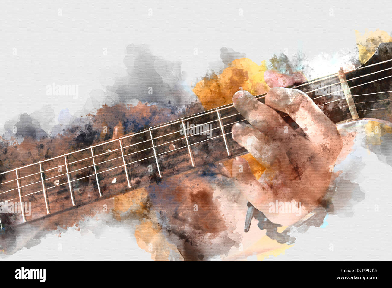 Abstract bello suonare la chitarra acustica in primo piano sulla pittura ad acquerello e sfondo illustrazione digitale spazzola ad arte. Foto Stock