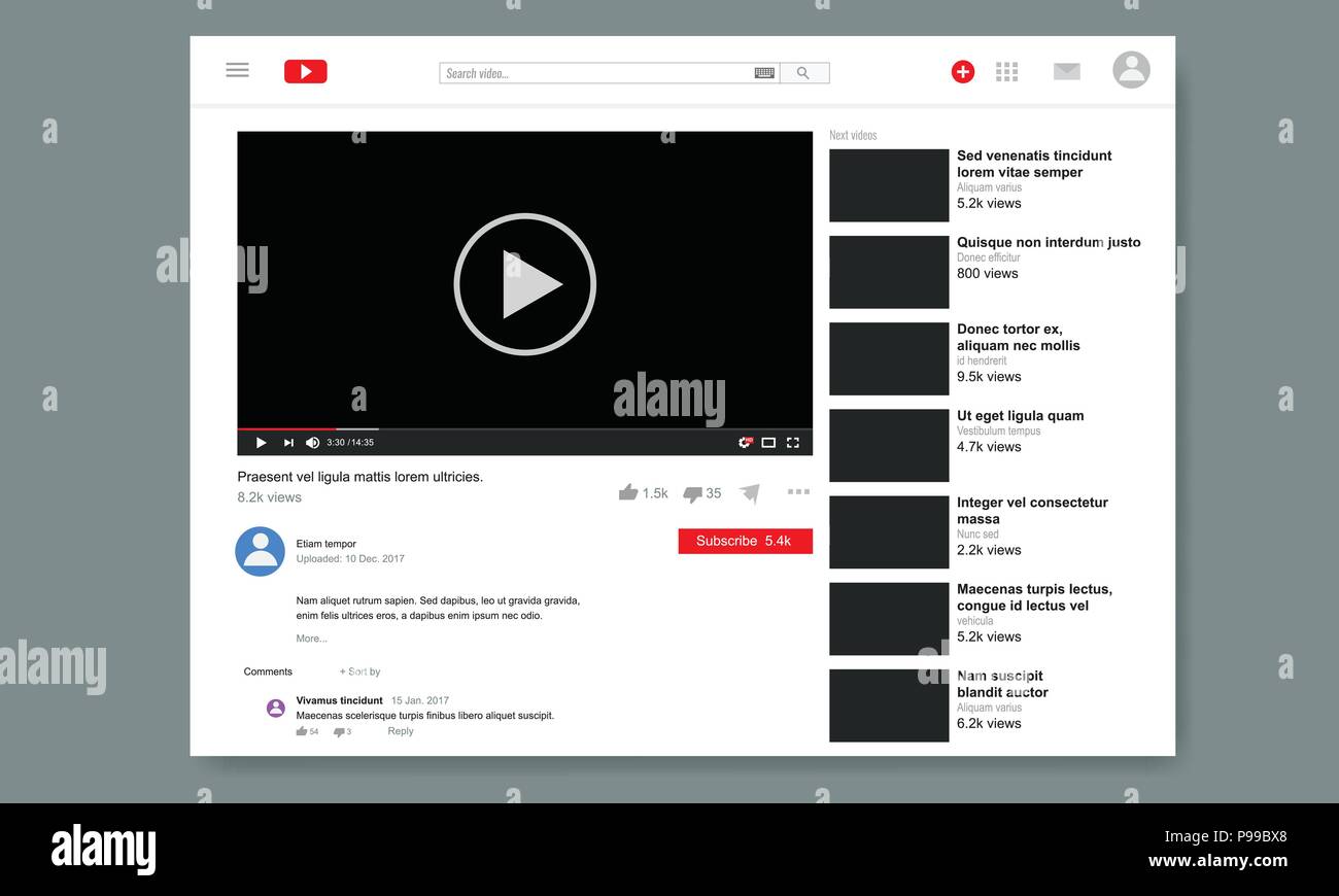 Pagina Web browser per video sito social media con lettore video e video correlati interfaccia. Illustrazione Vettoriale. Illustrazione Vettoriale