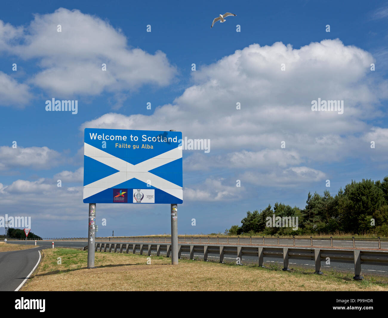 Benvenuto in Scozia sulla A1 Road, Regno Unito Foto Stock