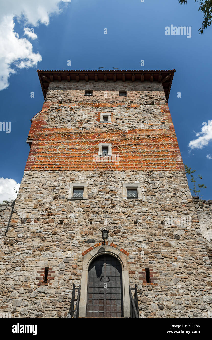 Chudow Castello torre ristrutturata nel giorno di estate in Chudow, Slesia Upland, Polonia. Foto Stock