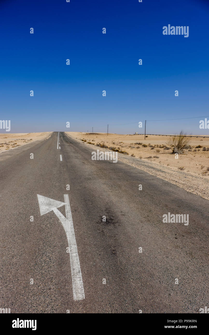 Mantenere la sinistra sulla freccia dritta strada attraverso il paesaggio arido del deserto del Namib in Namibia Foto Stock