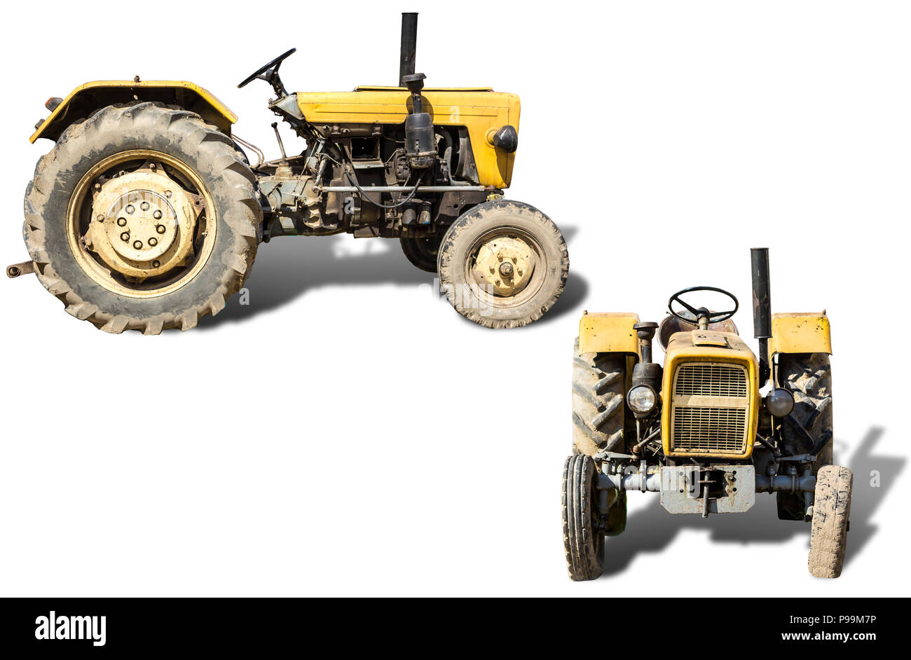 Un vecchio trattore prodotto negli anni Settanta del XX secolo.Due foto isolate.Vista frontale e laterale della macchina agricola.Åquipment per un caseificio. Foto Stock