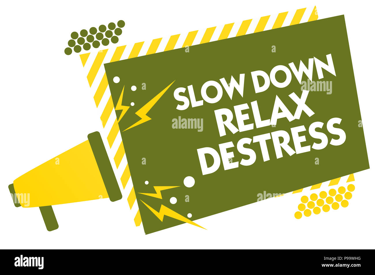 La scrittura della nota mostra Rallentare Destress Relax. Business photo vetrina calming portare felicità e ti mette di buon umore megafono altoparlante giallo Foto Stock