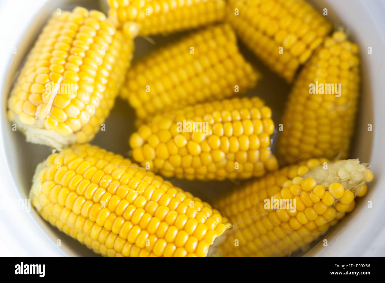 Dolce gustoso organico mais bollito in pentola. Natural bio mature granturco cereali. Una sana fonte di calcio, potassio, magnesio e ferro. Alimento giallo backg Foto Stock