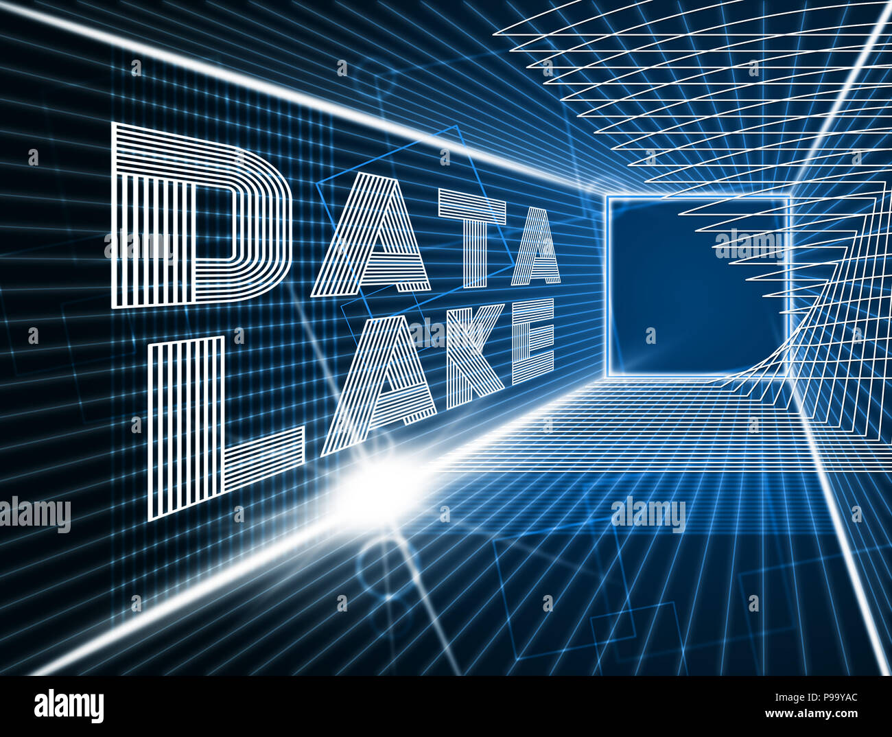 Lago di dati digitali Cloud Datacenter 3d illustrazione mostra Supercomputer Mainframe Storage Bigdata di informazioni complesse Foto Stock