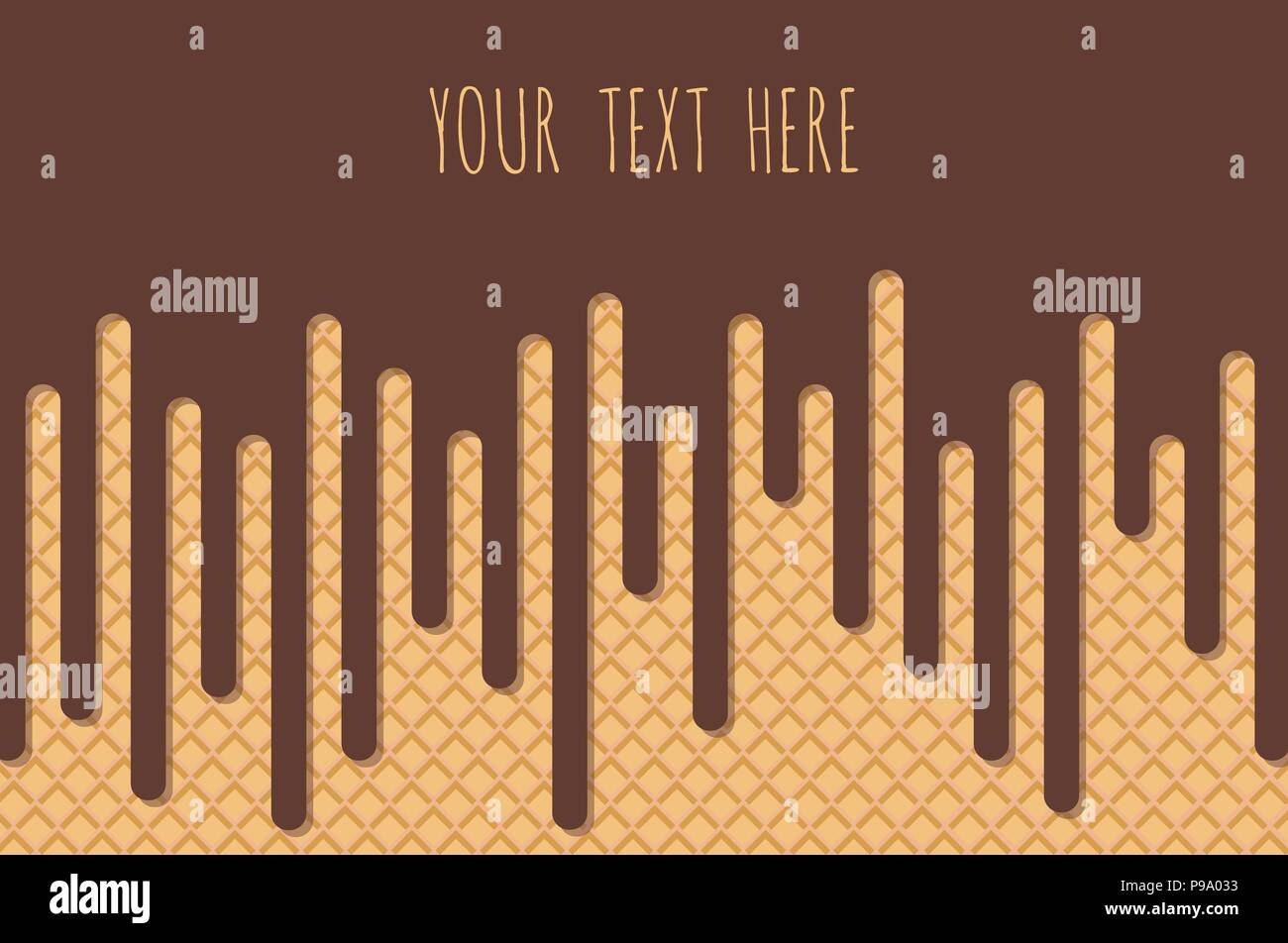 Gelato al cioccolato che scorre sulla texture di cialda di sfondo . Menu di caffè, gelato dessert poster, food packaging design. Illustrazione Vettoriale