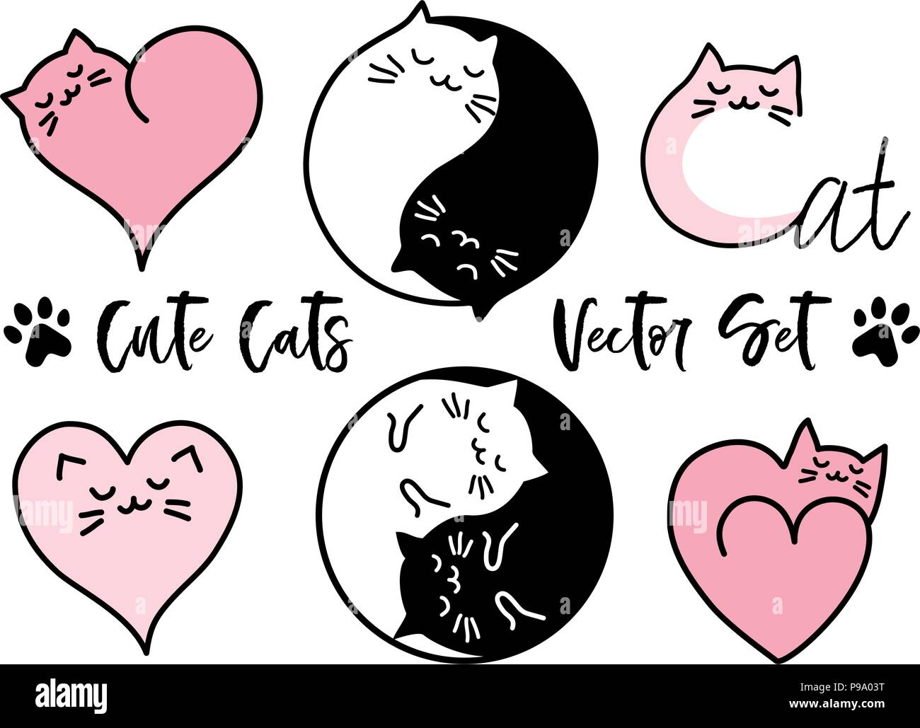 Carino gatti yin yang segno, il simbolo del cuore, set di vettore di elementi di design Illustrazione Vettoriale
