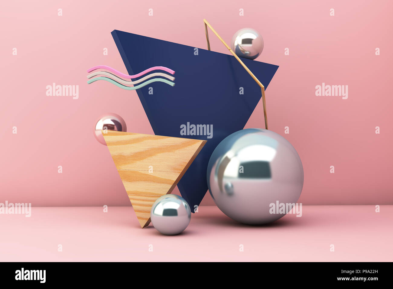 Forme geometriche sulla scena minima con sfondo rosa il rendering 3D Foto Stock