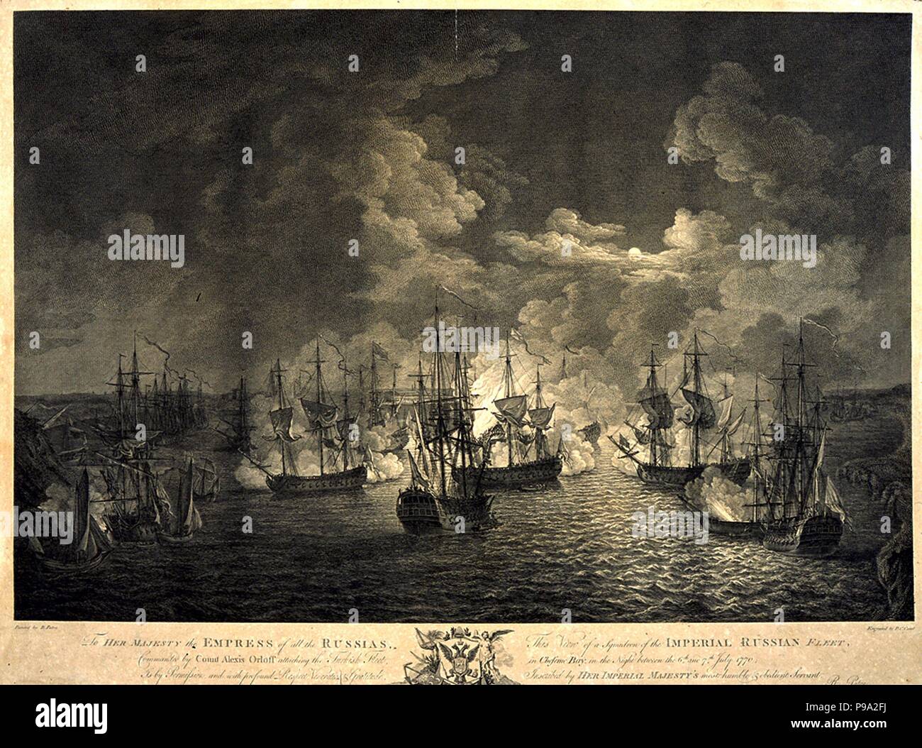 La battaglia navale di Chesma nella notte 26 luglio 1770. Museo: Membro del Museo di Storia di Mosca. Foto Stock