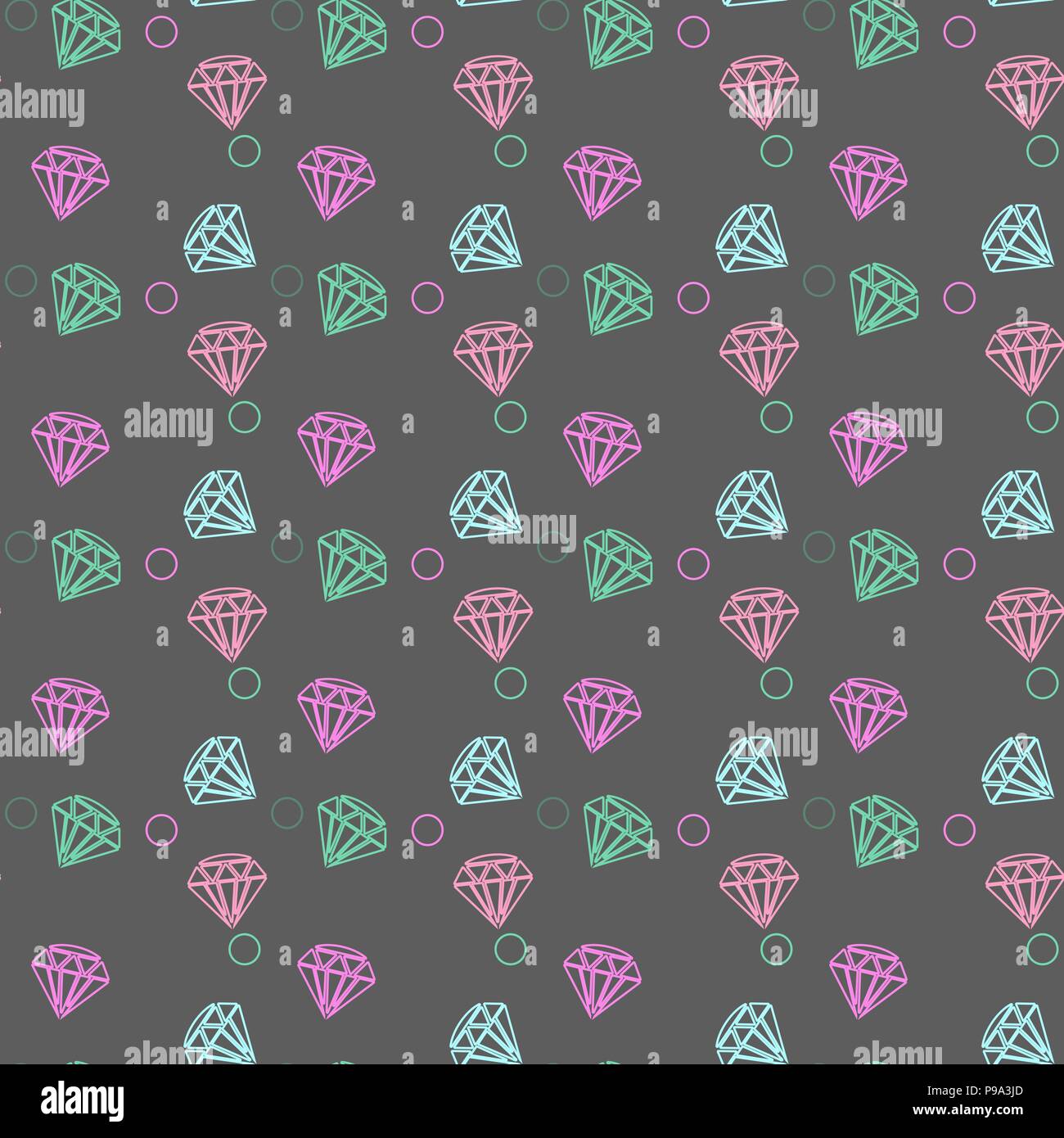 Vector seamless pattern con diamanti colorati su sfondo nero. Sfondo di moda con cristallo Illustrazione Vettoriale