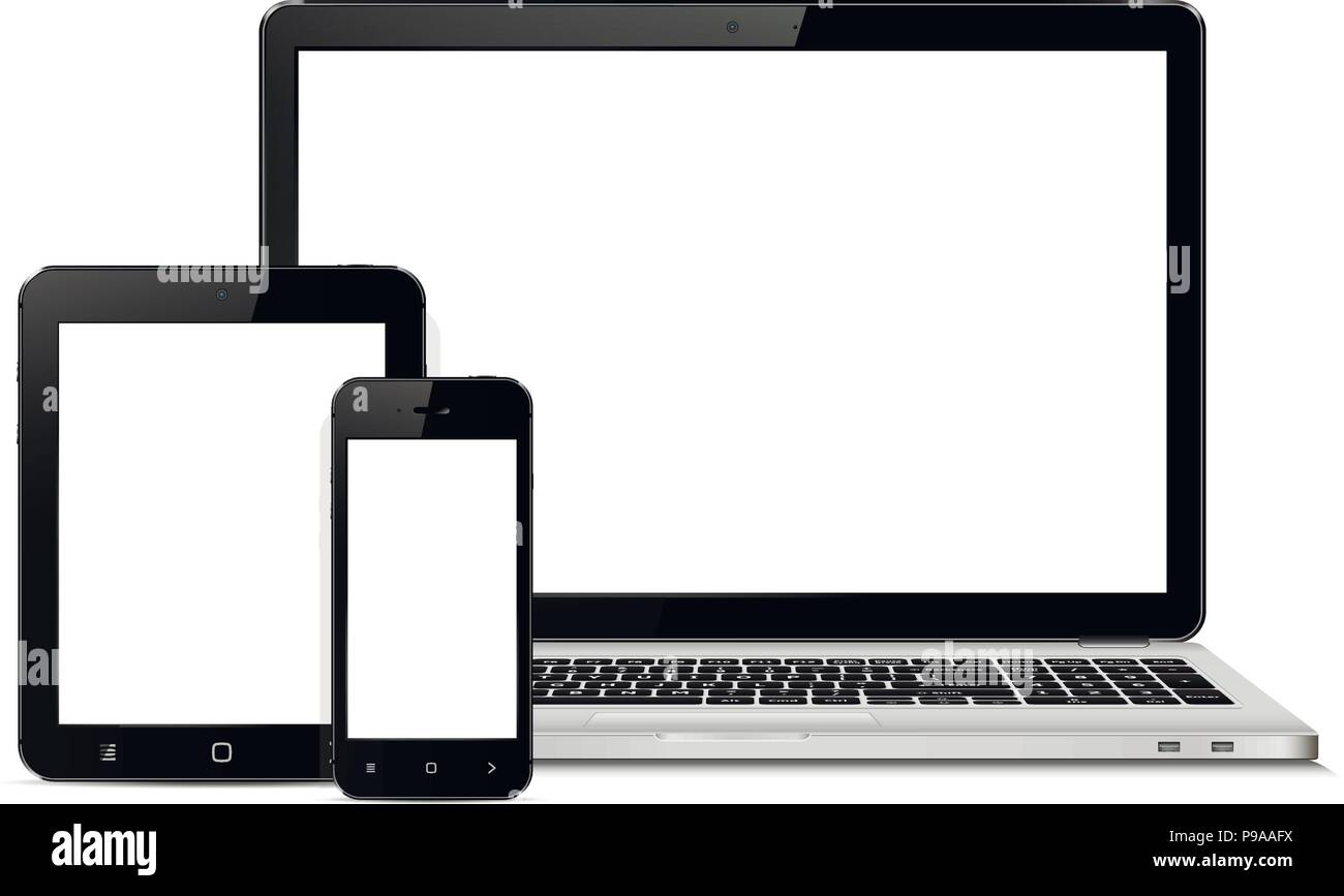 Mockup costituito da notebook, tablet pc e smartphone mobile con schermo vuoto. Per adaptive design presentazione. Illustrazione Vettoriale. Illustrazione Vettoriale