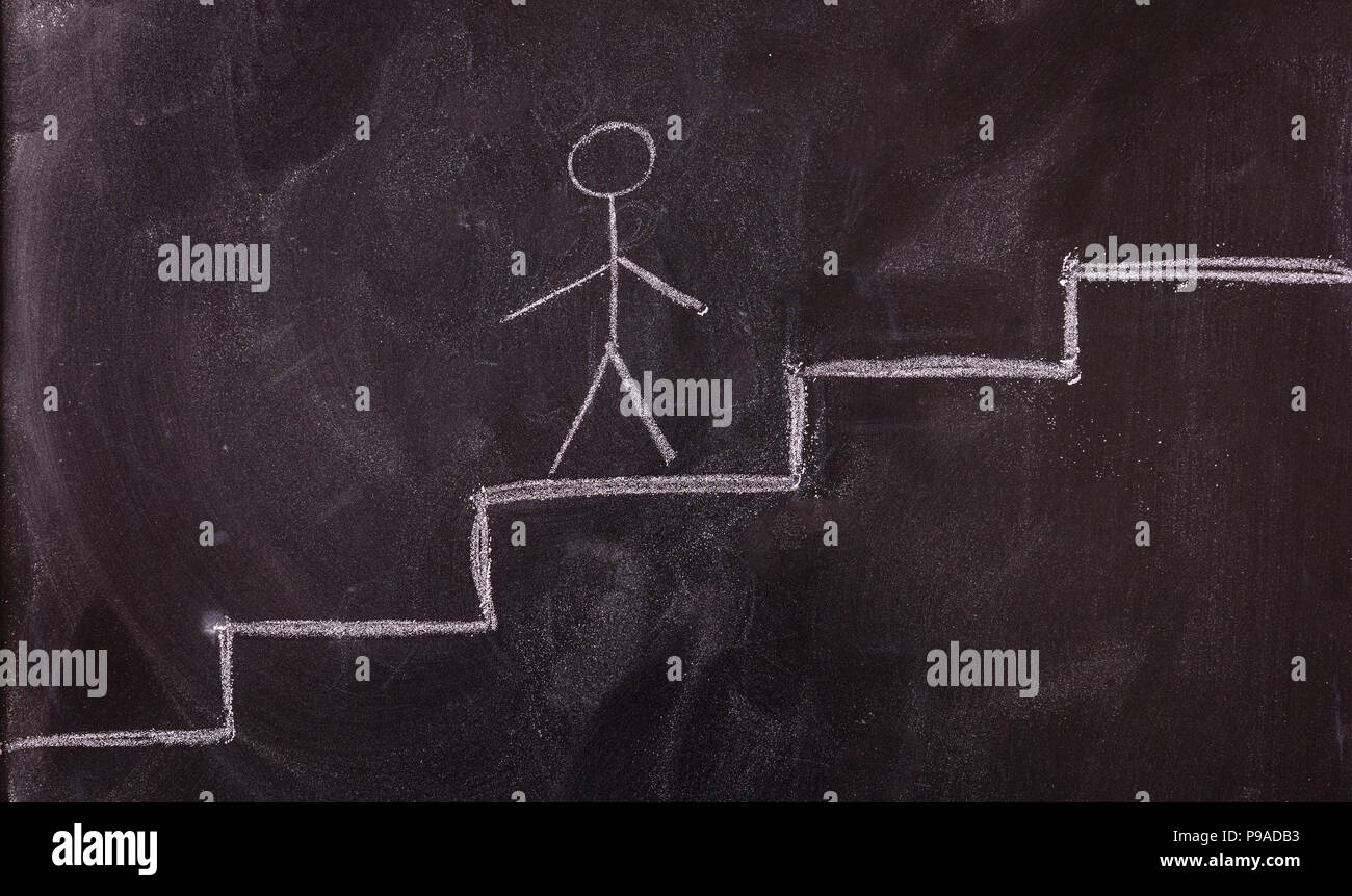 Concetto di successo. Stick uomo salendo la scala disegno, isolata su una lavagna. Foto Stock