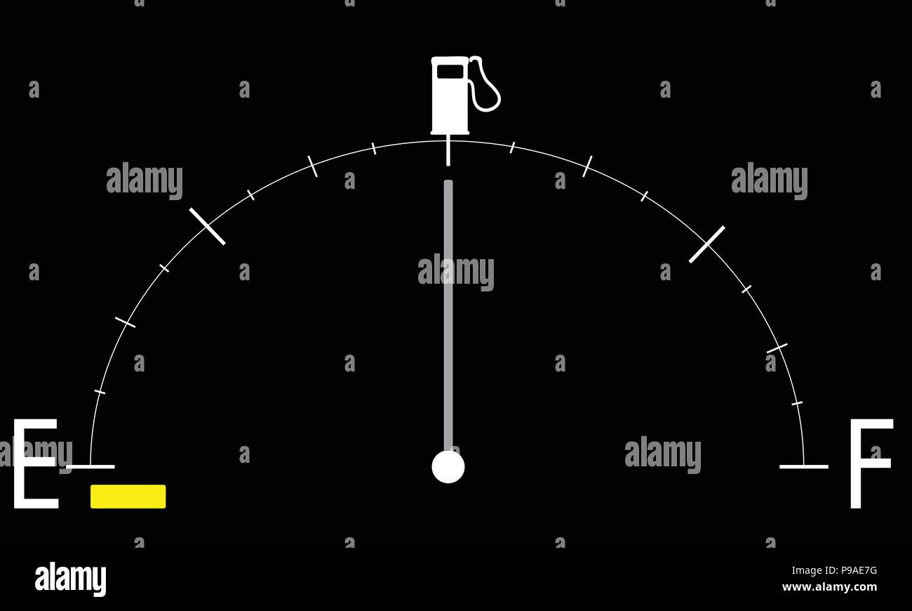 Illustrata per autotrazione manometro indicante la metà serbatoio pieno con luce gialla di avvertimento sul nero. Illustrazione Vettoriale