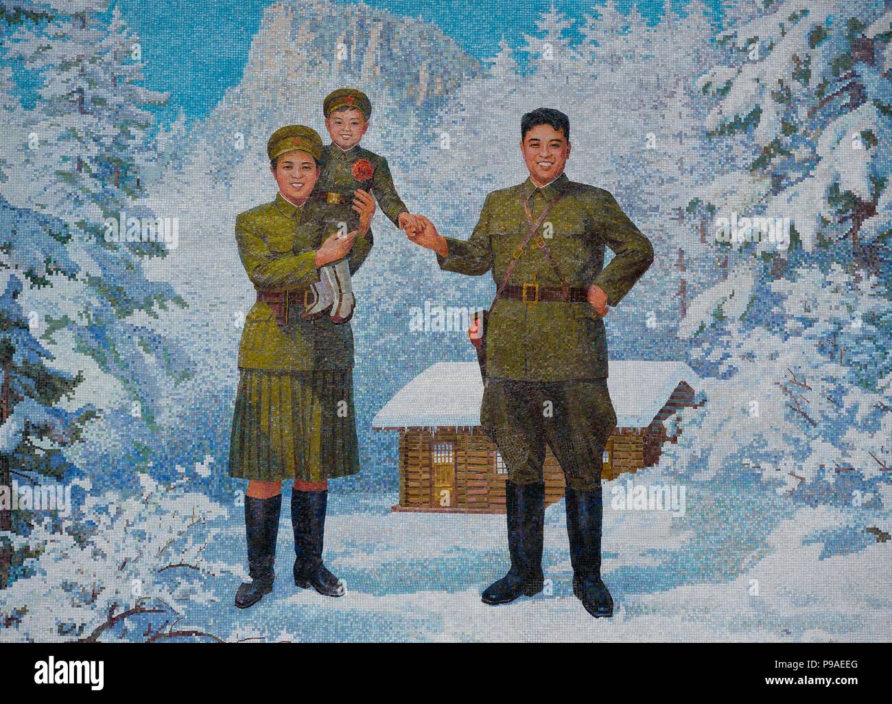 La famiglia felice. Kim Il-sung e sua moglie Kim Jong-suk con figlio Kim Jong-Il. Museo: Monumento a Pyongyang. Foto Stock