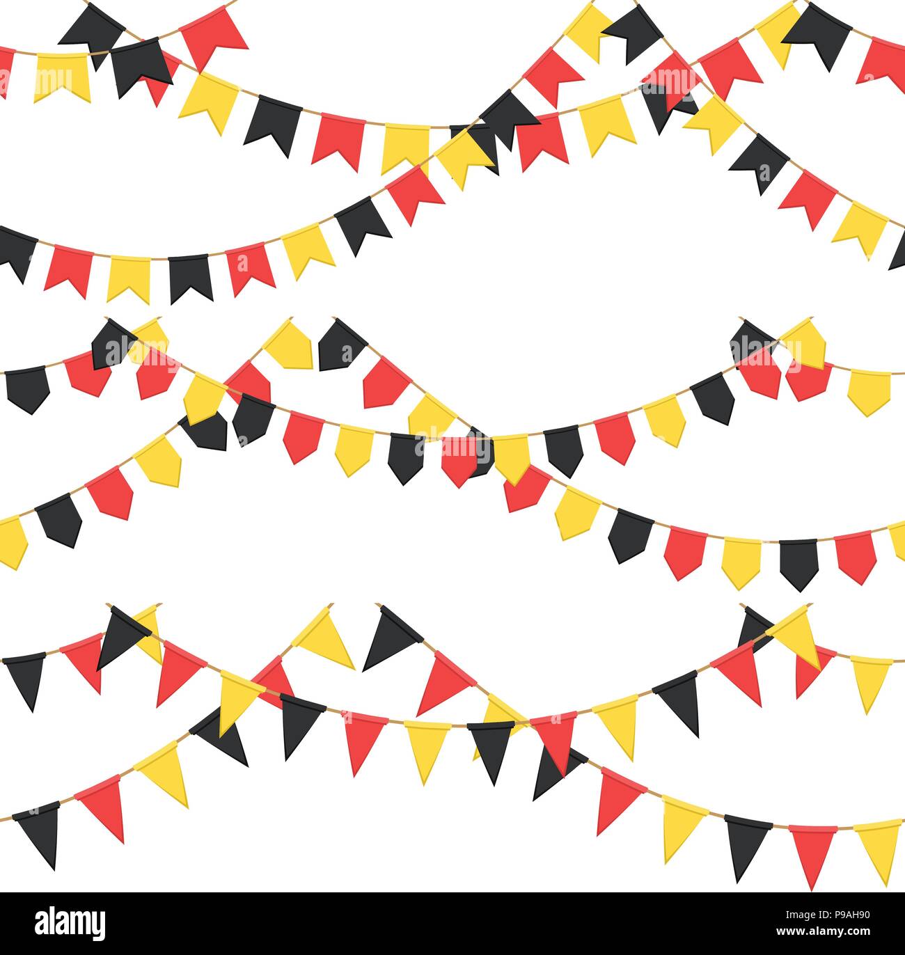 Set di garland con la celebrazione della catena di bandiere, nero, giallo, giallo pennons con nessuno sfondo, piè di pagina e il banner per la celebrazione Illustrazione Vettoriale