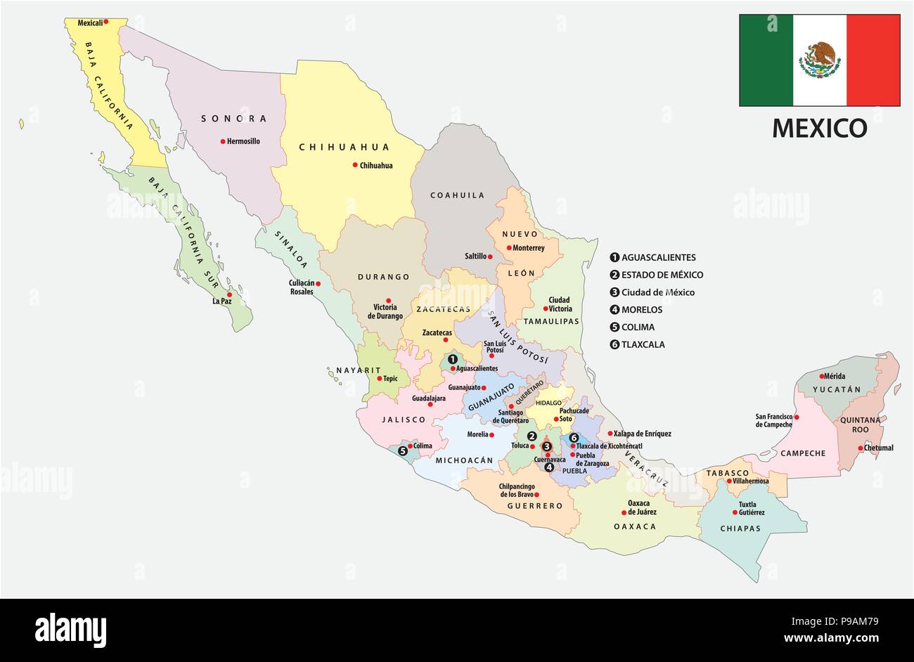 Messico politica e amministrativa di mappa vettoriale con bandiera. Illustrazione Vettoriale