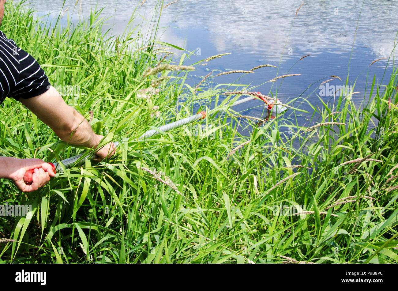 Prelevare campioni di acqua per le prove di laboratorio. Il concetto - analisi della purezza dell'acqua, ambiente, ecologia. Foto Stock