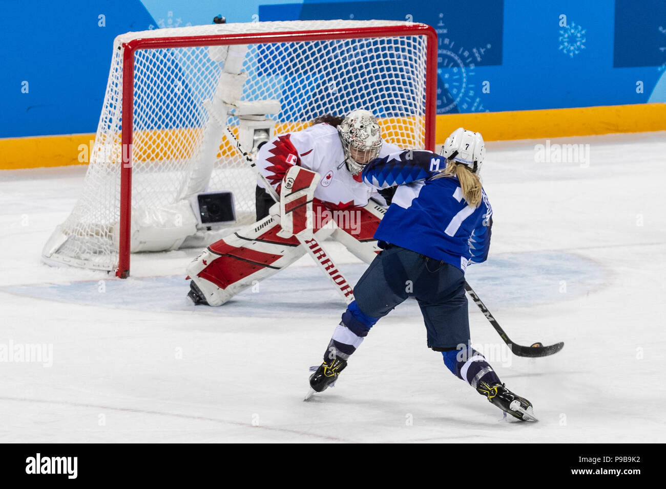 Monique Lamoureux-Morando (USA) e goalie Shannon Szabados (CAN) durante la medaglia d'oro donna Ice Hockey gioco USA vs Canada presso le Olimpiadi Invernali Ga Foto Stock