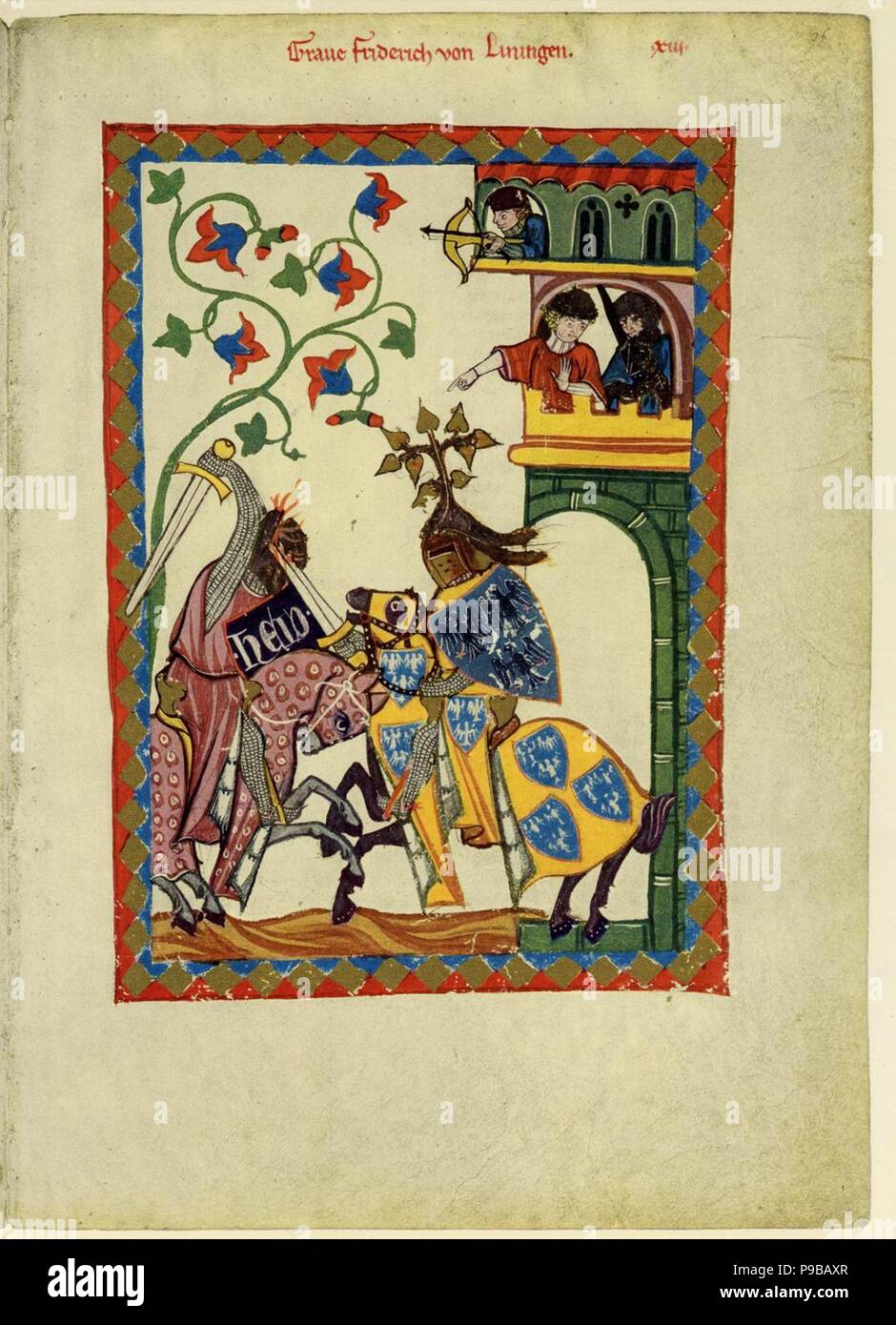 Il conte Friedrich II von Leiningen (dal Codex Manesse). Museo: Biblioteca di Ruprecht Karl Università di Heidelberg. Foto Stock