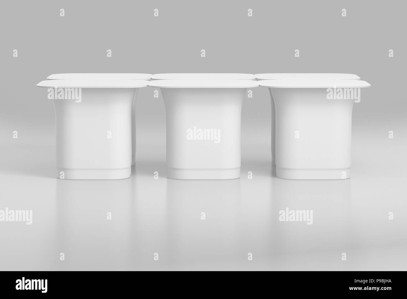 Blank pack di 6 confezione di yogurt. Mockup dessert contenitore in plastica isolato su sfondo bianco con percorso di clipping. 3D render Foto Stock