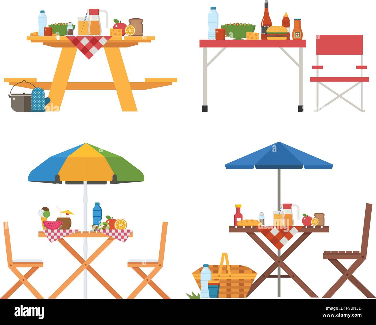 Tavolo da picnic con icone di cibo. Barbecue diversi tavoli e sedie con ombrellone, coperta, frutta e bevande. Sala da pranzo esterna e una gita di raccolta. Illustrazione Vettoriale