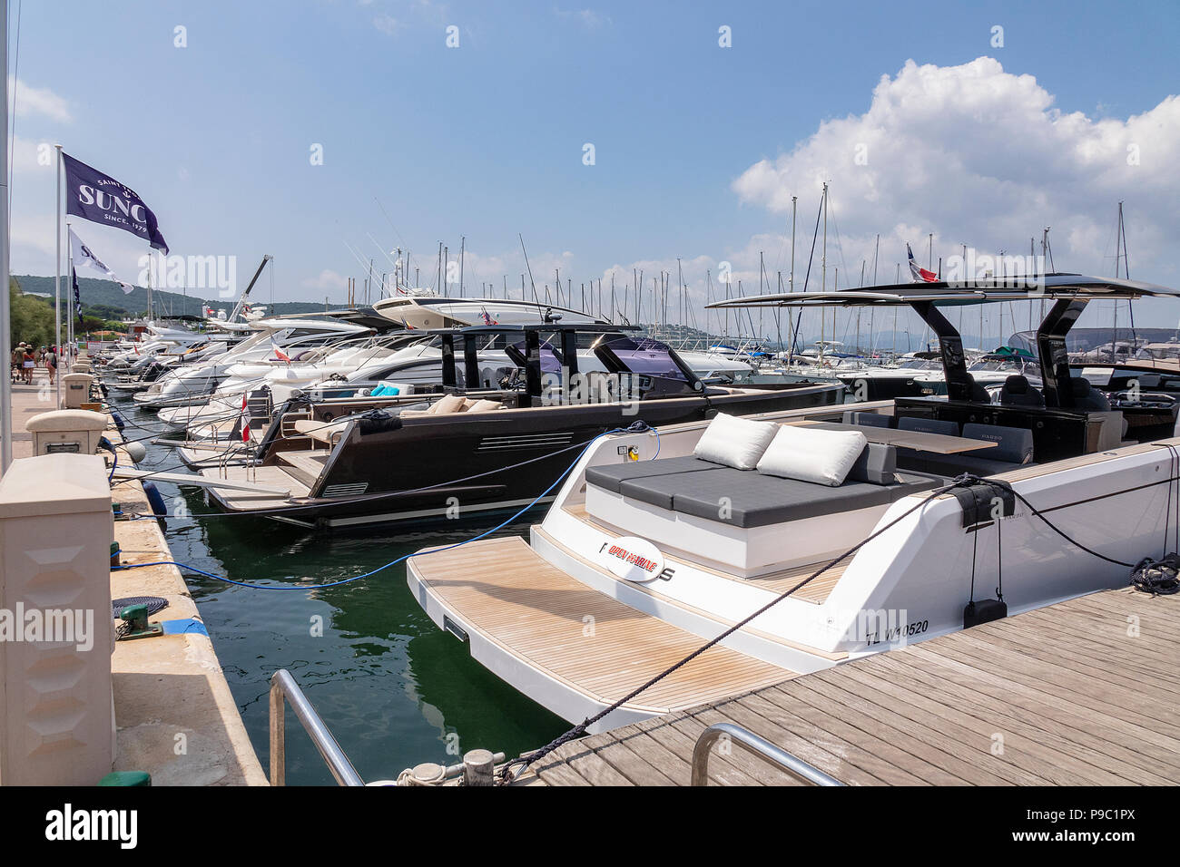 Barche ormeggiate nel porto di Saint Tropez nel sud di Francia sulla Costa Azzurra Foto Stock