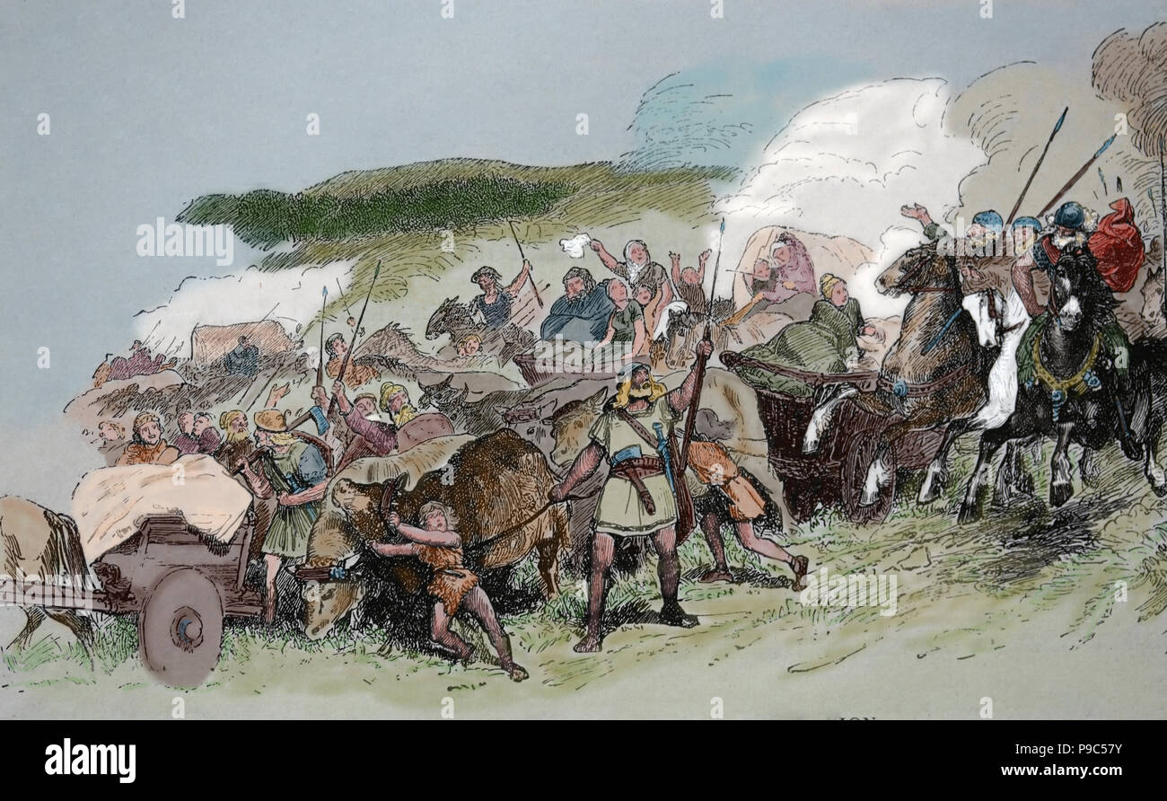 Periodo di migrazione (tribù germaniche e Unni). 4a-6a secolo. Incisione, 1882. Colore. Foto Stock
