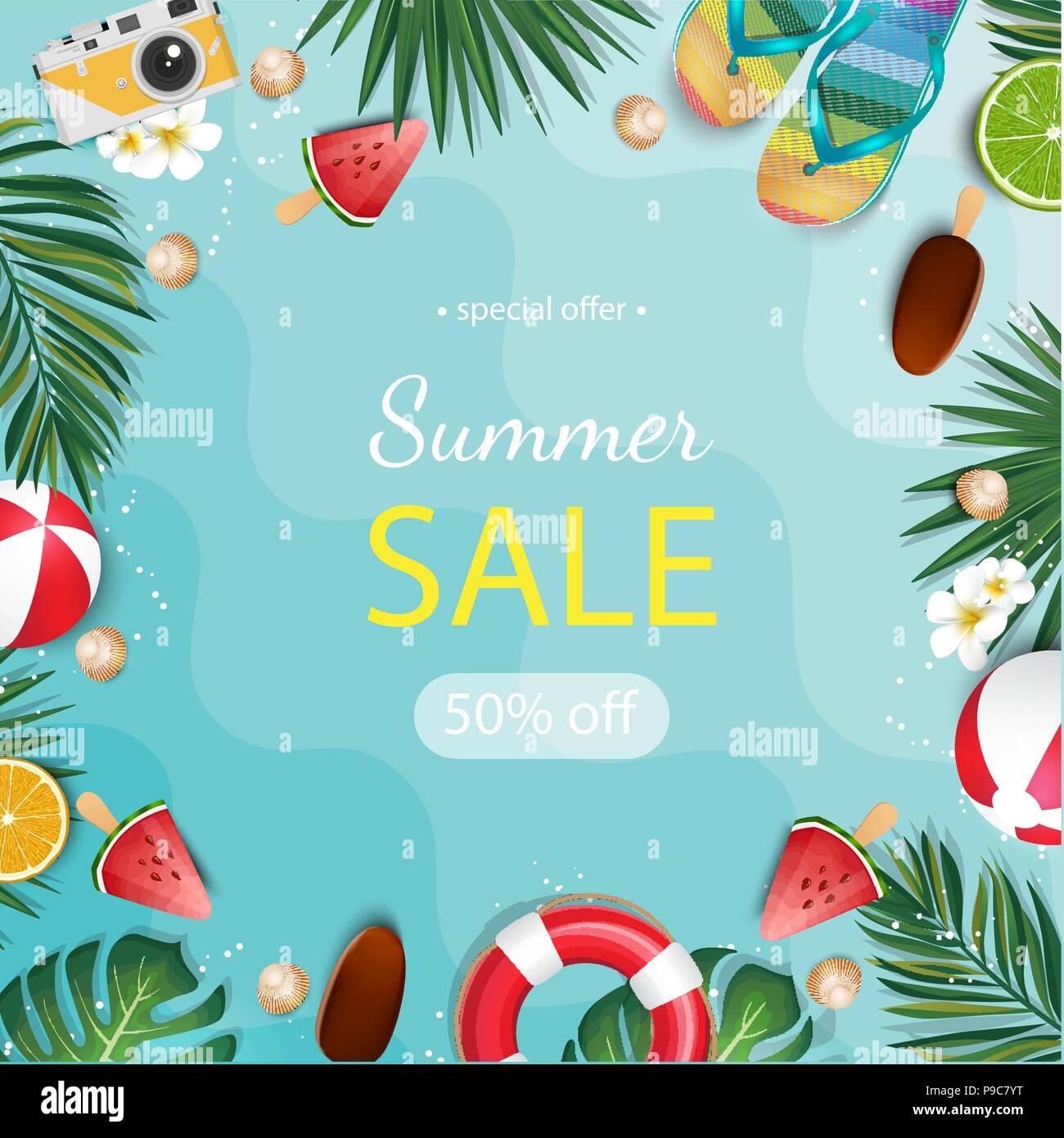 Estate vendita sfondo con palme tropicali e plumeria, salvagente, flip-flop. Illustrazione Vettoriale