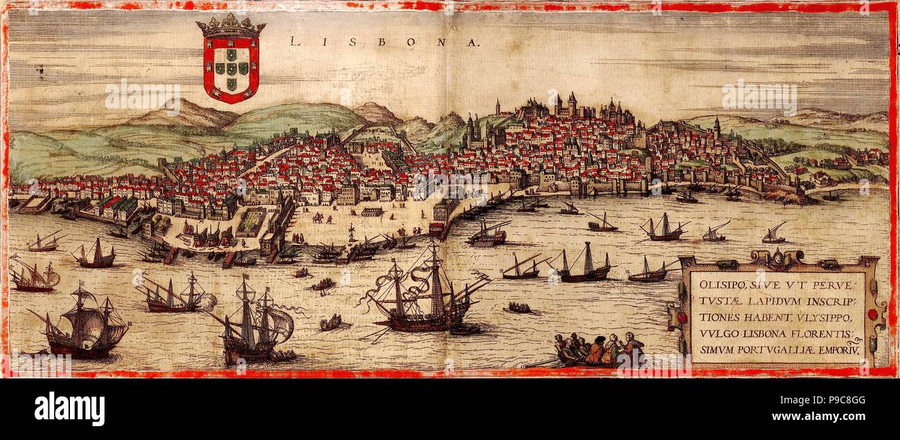 Vista su Lisbona e sul fiume Tago (Da: Civitates orbis terrarum). Museo: Biblioteca Universitaria di Heidelberg. Foto Stock