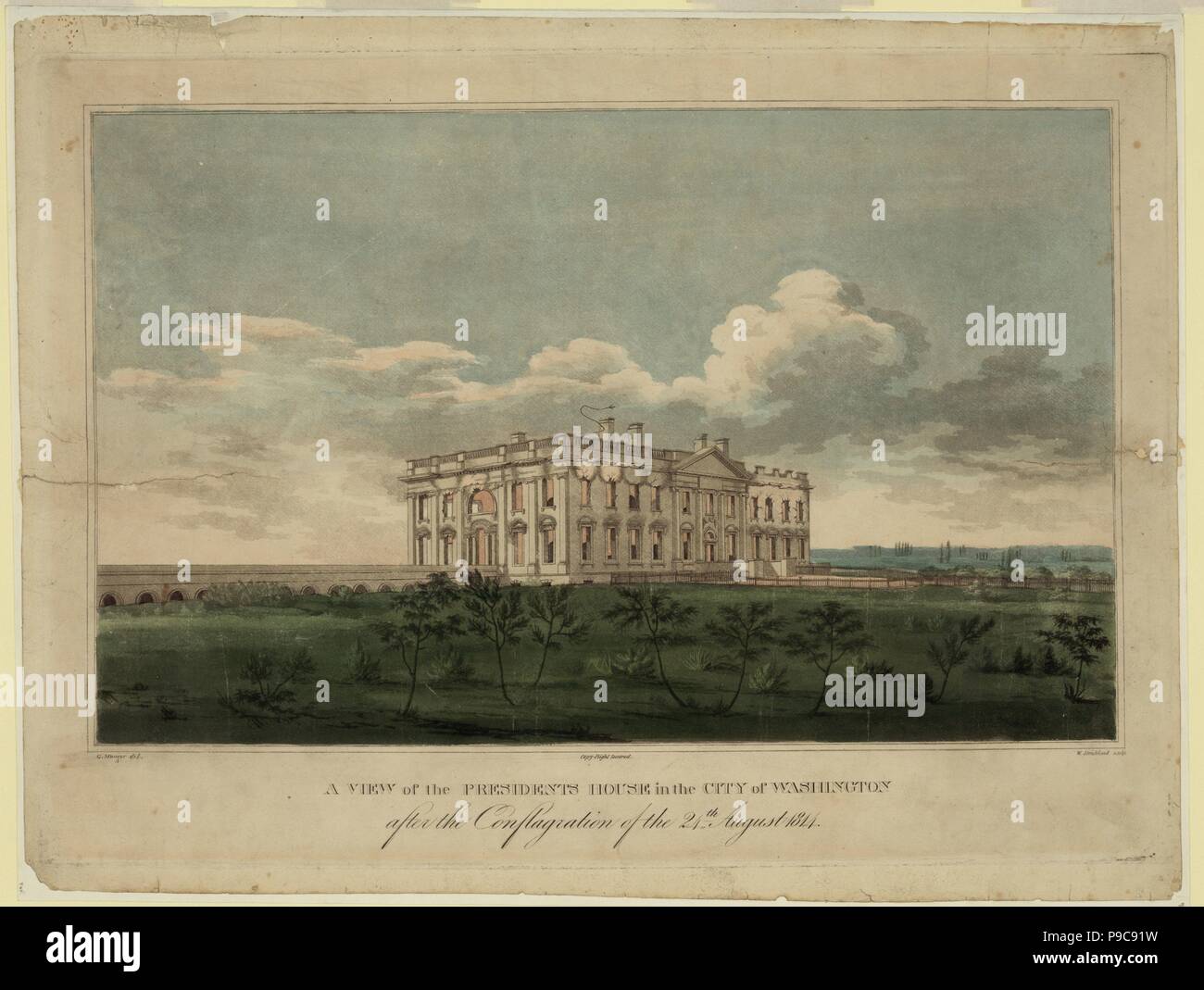 Vista della casa bianca nella città di Washington dopo la conflagrazione del 24 agosto 1814. Museo: Collezione privata. Foto Stock